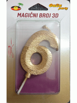 Svećica magični broj 3D 6 zlato